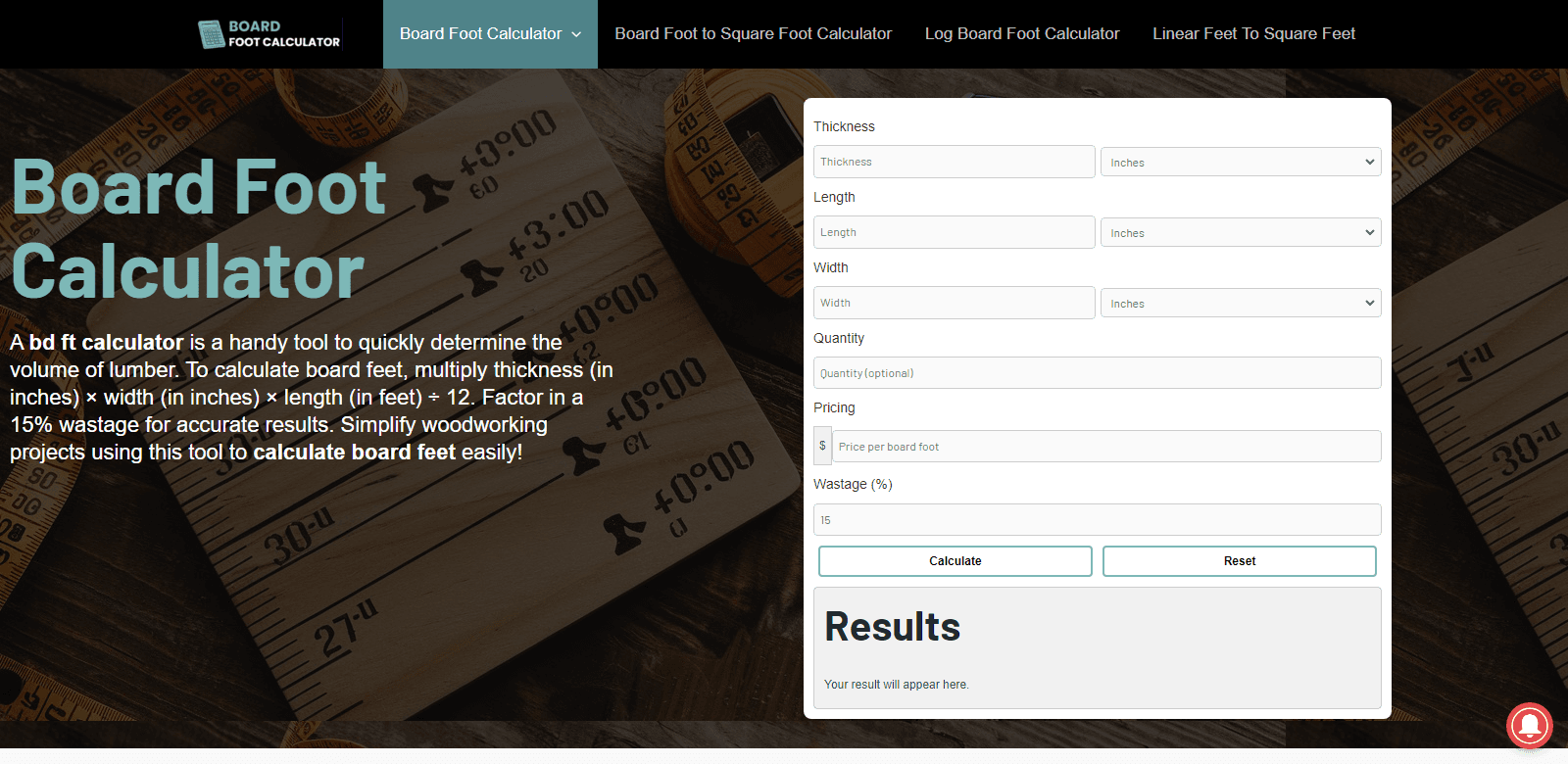 Board Feet calculator scrrenshot